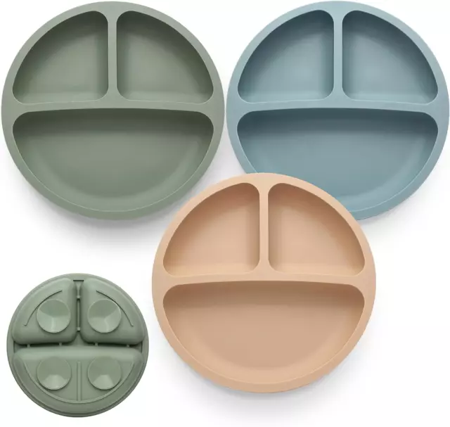 Toddler Plates 3 Pack, Divided Suction Plates for Baby, 100% Food Grade Silicone