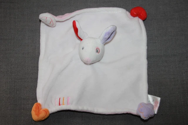 Doudou Elle Cwf Lapin  Souris Plat Carre Blanc Coeur Feuille Rose  Etat Neuf
