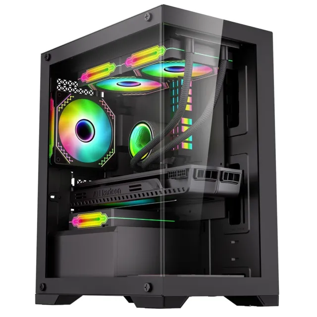 CiT Range Black MATX Gaming Tower PC Case with Tempered Glass Panels 3 LED Fans