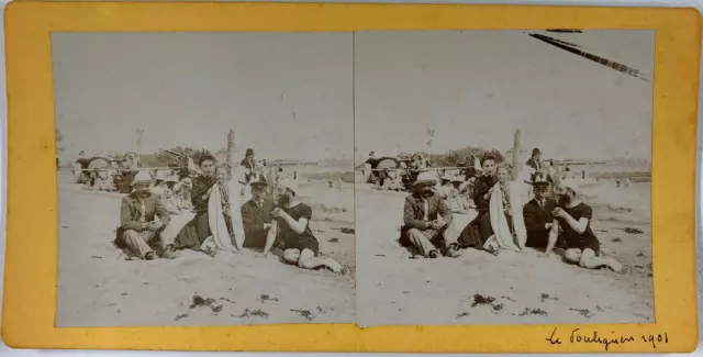 Stéréo, France, Le Pouliguen, une famille à la plage, 1901 Vintage stereo card