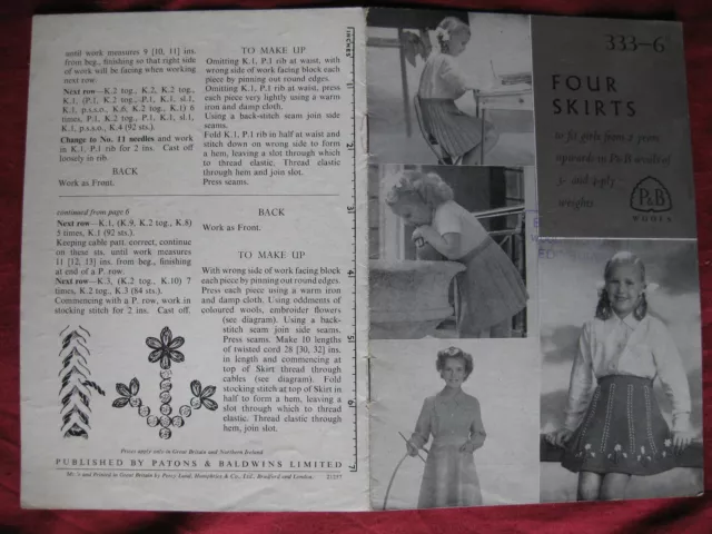 Vintage Knitting patterns Four Skirts Child 1950s Patons Baldwins 333-6 booklet