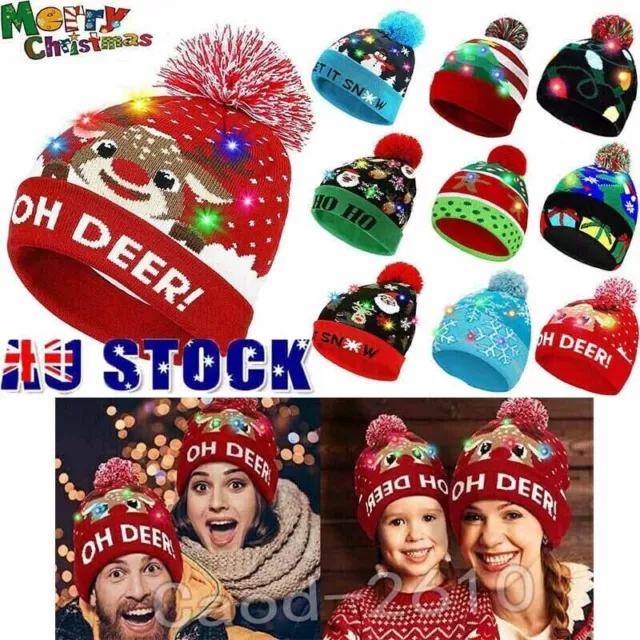 LED Christmas Beanie Knit Hat Light Up Tree Xmas Snowman Knitted Cap Adult Kids-