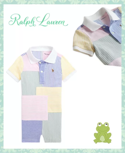 RALPH LAUREN Baby Boys Patchwork Mesh Polo Shortall Size 12 Months