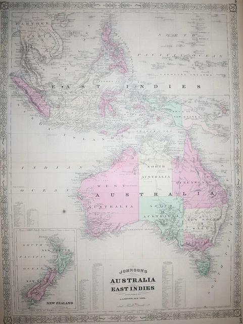 Old Antique 1868 Johnson Atlas Map ~ OCEANIA - AUSTRALIA - SOUTH PACIFIC