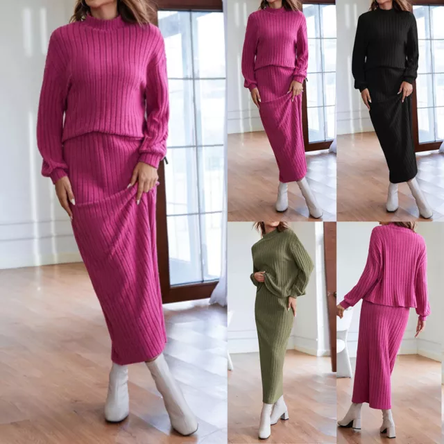 Women's Turtleneck Long Sleeve Knitted Top Skirt Outfit Set Sweater Pullover