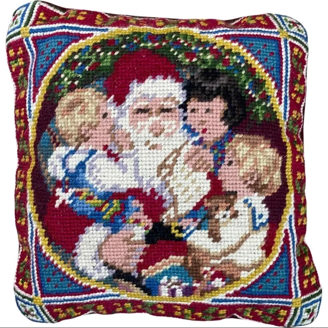 Almohada de aguja vintage 100 % lana para Santa Navidad 10""x 10"" espalda de terciopelo