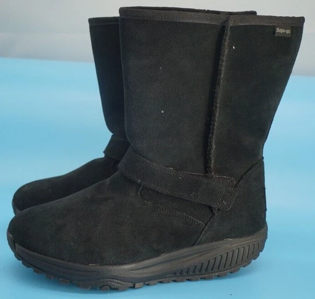 Skechers Shape Ups Womens Bollard Winter Boots Black Suede Faux Fur Pull On 10
