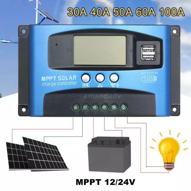 AU 30-100A MPPT Lithium Solar Controller Panel Charge Regulator 12V/24V Auto LCD