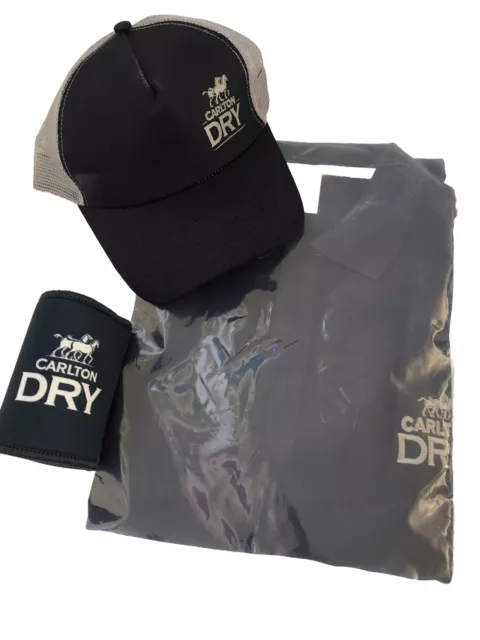 Carlton Dry Beer Medium Polo Shirt, Trucker Cap & Stubby Holder New Gift Pub Bar