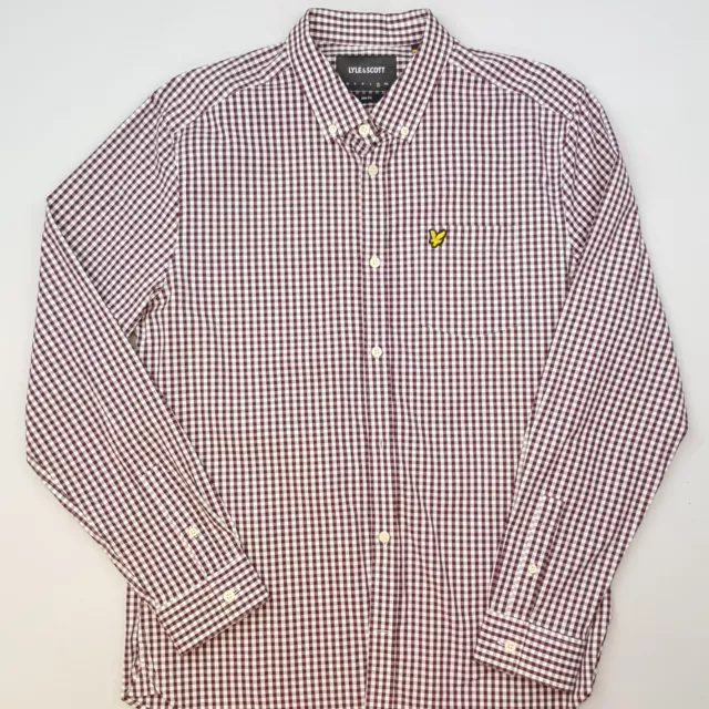 Lyle & Scott Mens Gingham Shirt XL Slim Fit Maroon White Long Sleeve Check