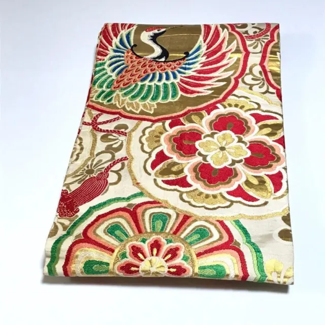 8867# Japanese Vintage Fukuro Obi Belt Kimono Pure Silk Crane Gold