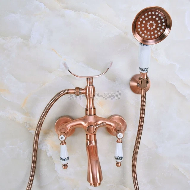 Antique Red Copper Wall Mount Bathroom Clawfoot Bath Tub Faucet w/ Hand Shower 3