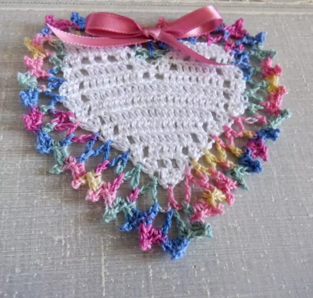 New Hand Crochet Heart Doily, Easter Spring Colors, White, Pastels