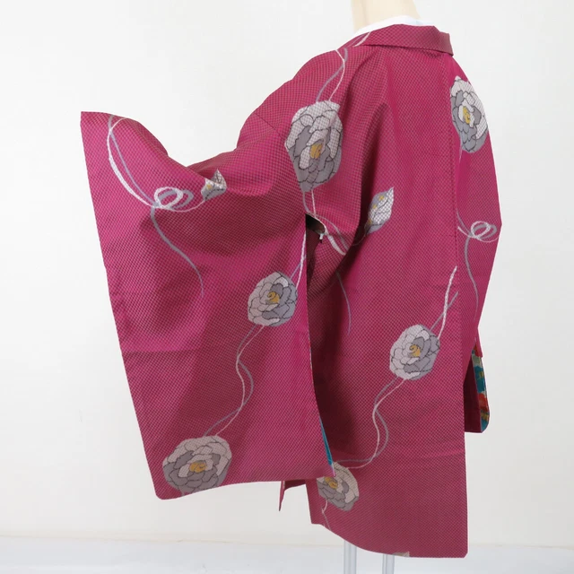 Antique Kimono Haori Silk Meisen Rose pattern Purple 35.4inch Women's