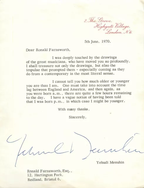 Vintage Signed Autograph Letter - Violinist - Yehudi Menuhin