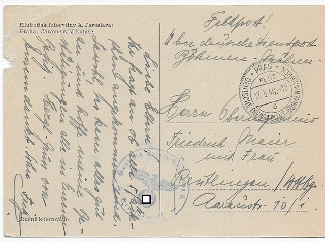 Böhmen und Mähren 1940 - Dienstpost Prag nach Reutlingen
