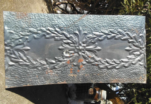 SALE  Antique Ceiling Tin Tile Fleur De Li Swag Cabinet Door Primitive Canvas