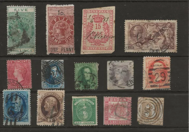 Worldwide Collection of 14 Old Stamps on a Stockcard