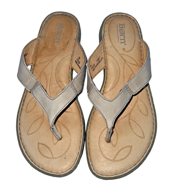 Born Amelie  Women's Leather Comfort Thong Slide Flip Flop Sandels-Gray-Size 6