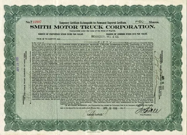 1918 Smith Motor Truck Temporary Stock Certificate