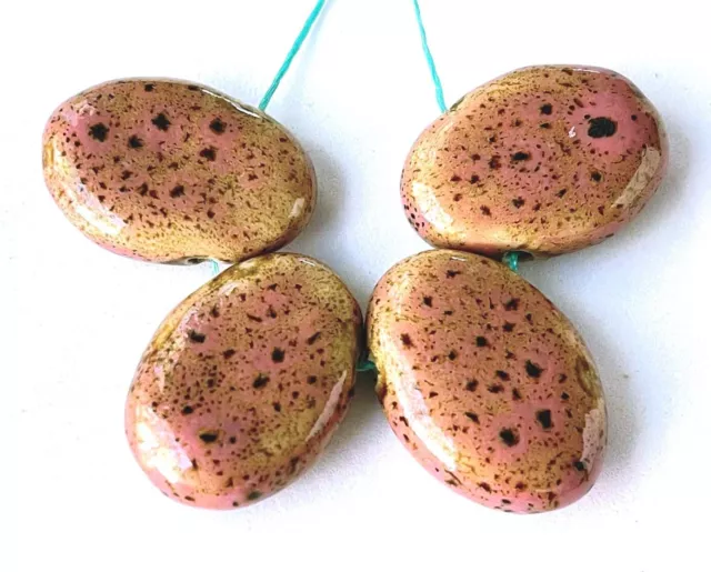 4 Large Pink speckled Glazed Ceramic Porcelain Oval Drop Focal Beads 30x22mm