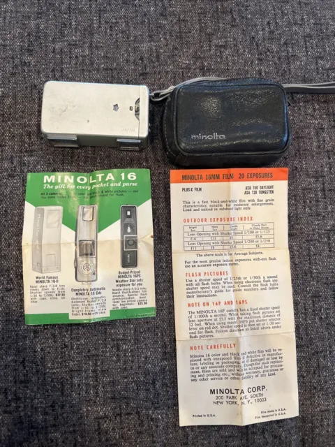 Vintage Minolta 16, Model II - Miniature “Spy” Camera - w/case and Vintage Ads