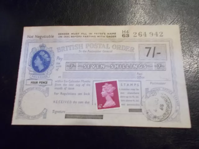 British postal order - QEII, 7/- + 6d stamp, Kelso, Roxburghshire, 4/6/1968