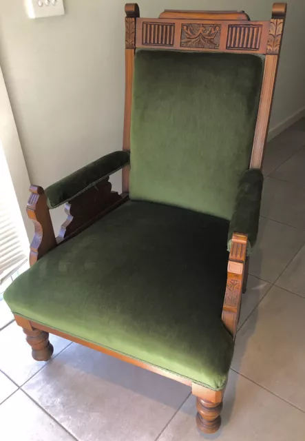 Antique Edwardian Vintage Nursing Armchair Forest Green Velvet Upholstered Chair