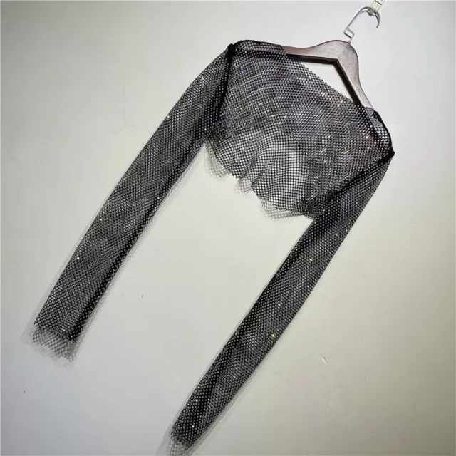 Womens Rhinestone Sheer Long Sleeve Mesh Crop Top Fishnet Shirt Cover Up Glitter