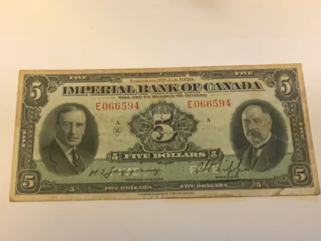 1939 Imperial Bank of Canada 5 Dollar Bank Note