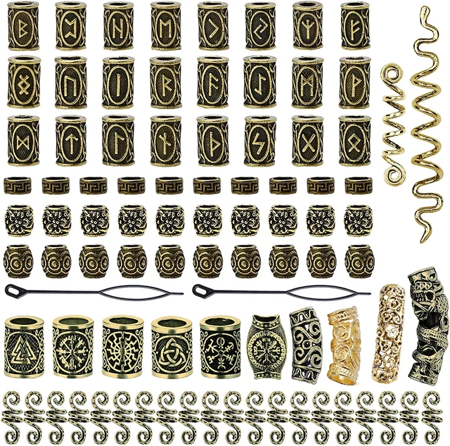 88 PCS Gold Viking Beard Beads Antique Norse Runes Beads Metal Dreadlocks Beads