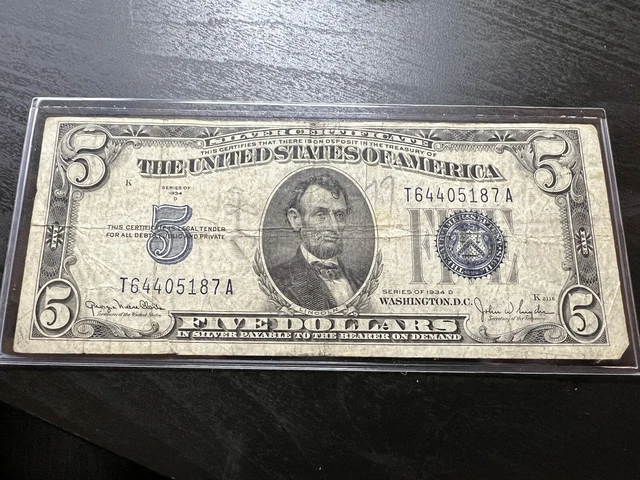 1934 D $5 Five Dollar Silver Certificate Blue Seal Note T64405187A