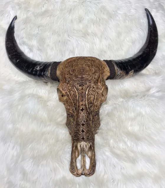 BULL Skull BUFFALO Carved Cow Animal longhorns steer Huge Bali Filigree Decor