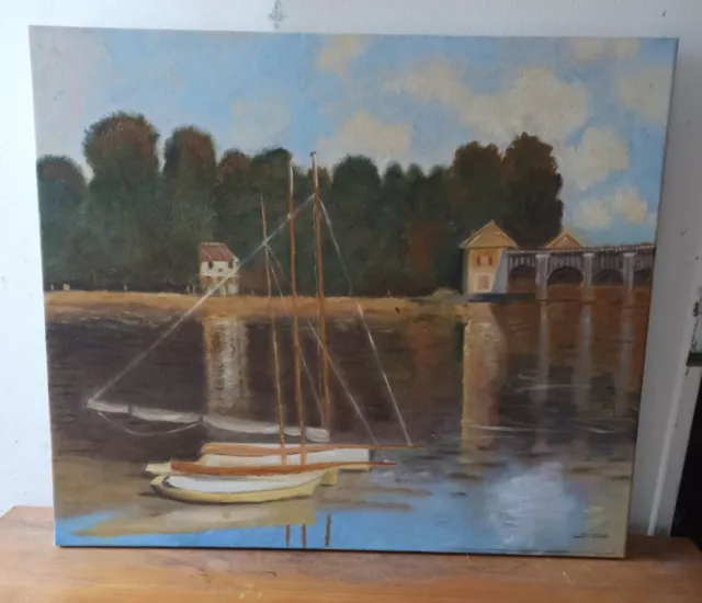 Tableau Peinture Hst Le Pont D'argenteuil D'apres Monet / Tres Bon Etat