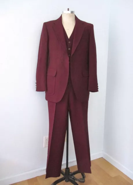Vtg 70s JCPenney Burgundy Poly Knit 3-Pc Pimp Suit Vest Flare Pants Blazer 42