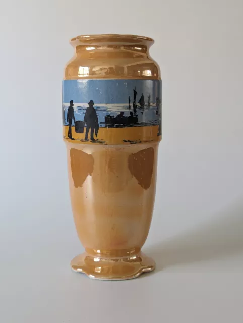 Lancaster & Sons Hanley Orange Lustreware Footed Vase Seaside Fishermen 1930's