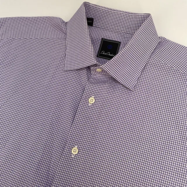 David Donahue Button Up Long Sleeve Shirt Men Neck 17 34/35 Purple Check Cotton