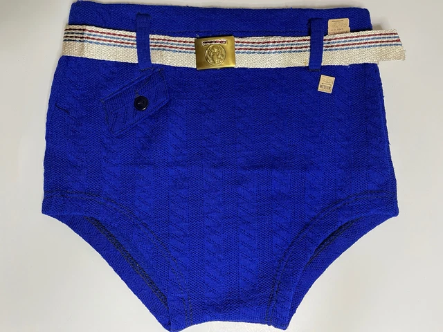 VTG 1930s Wool Men Swimwear Bottom Cobalt Blue Trunks Deadstock Belt Medium