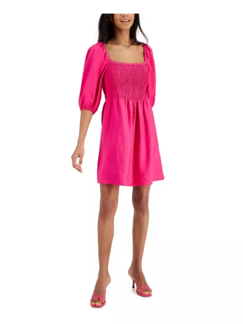 BAR III DRESSES Womens Pink Lined Elastic Cuffs Pouf Sleeve Fit + Flare Dress XS 2