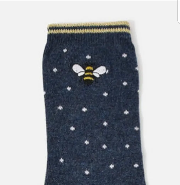 BNWT Accessorize Navy Embroidered Bee Socks Spotted Pattern Cotton One Size 4-7