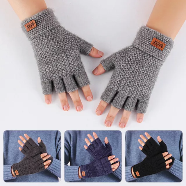 Winter Alpaca Wool Fingerless Gloves Thermal Men's Knitted Half Finger Mittens