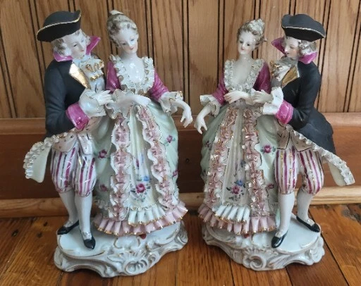 Vintage Porcelain Lace Figurine Victorian SET OF TWO Gold Detailing