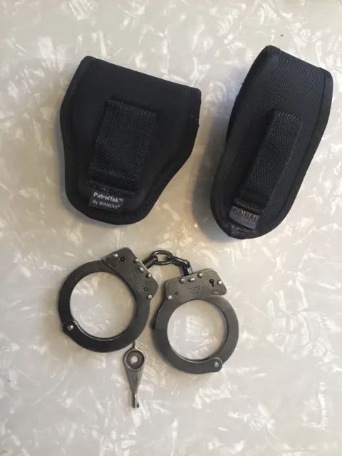 Vintage Hiatts Hand Cuffs With Key And Bianchi Holder And Small OC Spray Holder.
