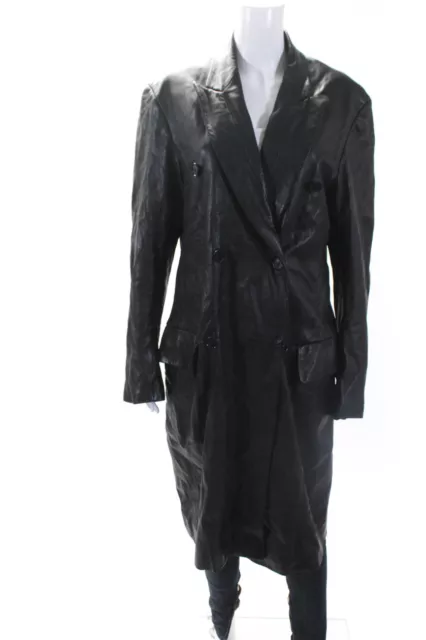 DKNY Womens Leather Double Breasted Collared Long Duster Jacket Black Size M