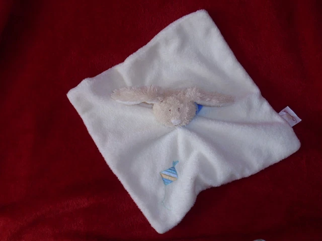 Doudou Plat Barré BENGY Lapin Beige Crème Foulard Bleu Brode Cerf Volant