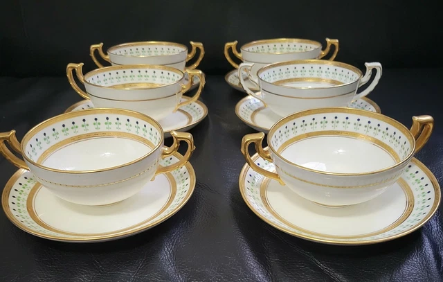 Antique Minton 19th C 6 Gold Encrusted Jeweled Bouillon Cups And Saucers Set HTF