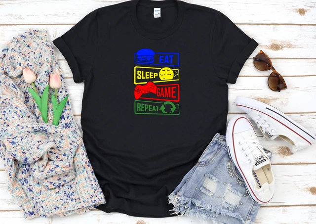 T-shirt bianca donna 3/4 Eat Sleep Game Repeat Gamer F442