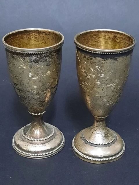 Antique Imperial Pair Russian Soviet USSR Shots Hand Engraved Silver Cups 875