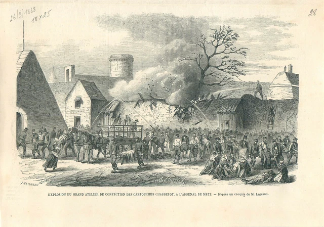 Explosion du Grand atelier de confection de cartouches Chassepot à GRAVURE 1868