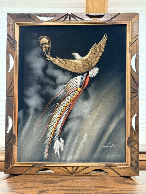 VTG 70'S VELVET Painting Native American Warrior Horseback “End Of